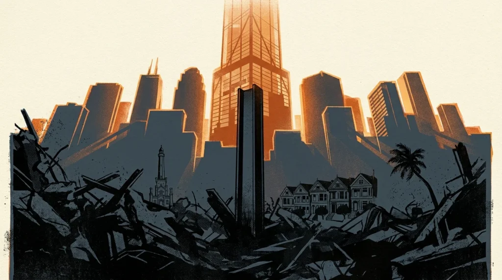 A stylized screenprint of a modern city skyline rising out of dark debris in orange and blue tones.