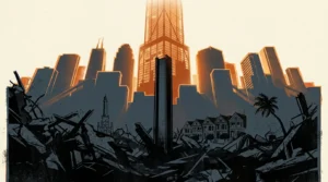 A stylized screenprint of a modern city skyline rising out of dark debris in orange and blue tones.