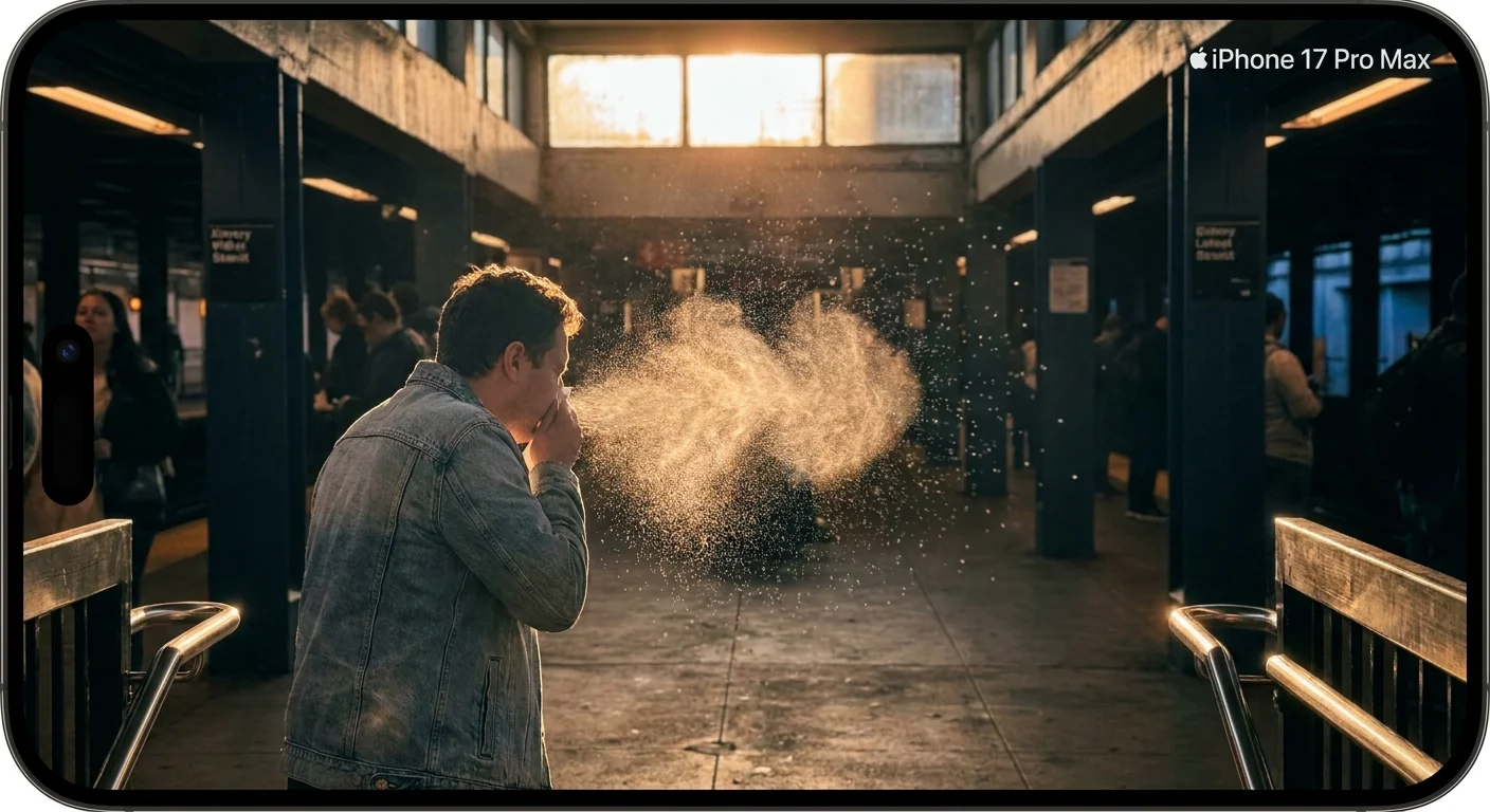 A sunlit, candid photo of particulates in the air from a sneeze, illustrating how airborne diseases spread in public spaces.