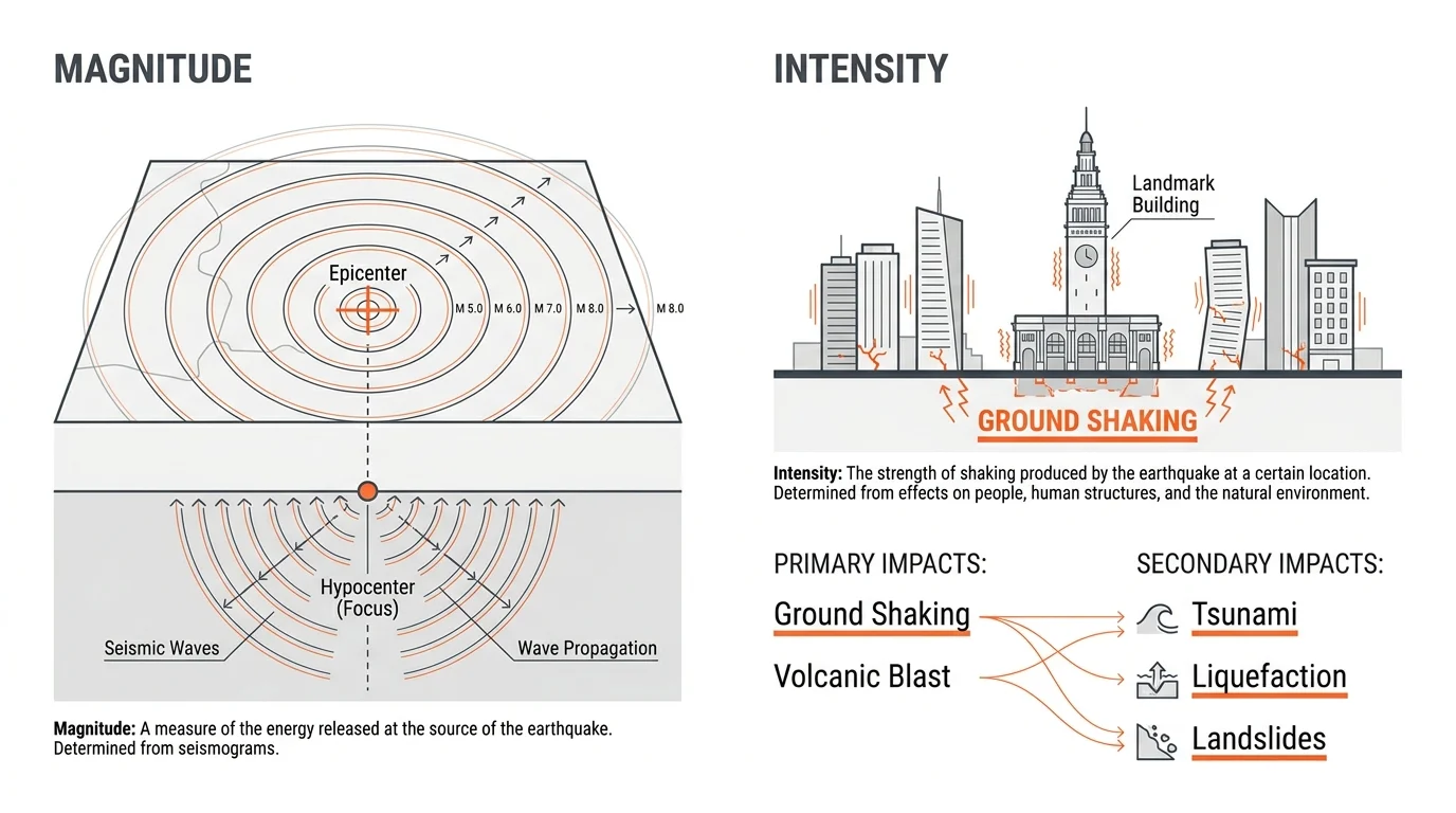 A technical diagram comparing seismic magnitude with intensity and listing primary and secondary disaster impacts.