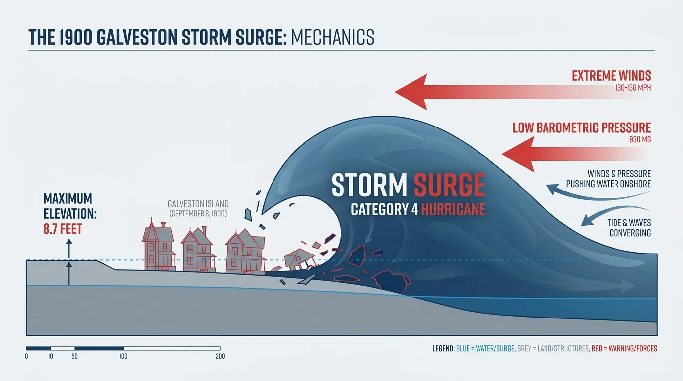 A technical diagram showing a storm surge overcoming a low-lying island with an elevation of 8.7 feet.