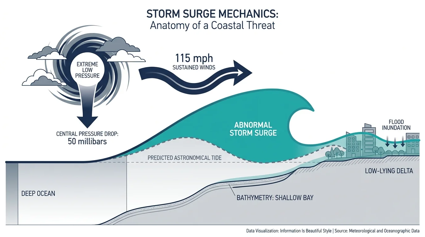 A technical diagram showing how low pressure and 115 mph winds create a storm surge above normal tide levels.
