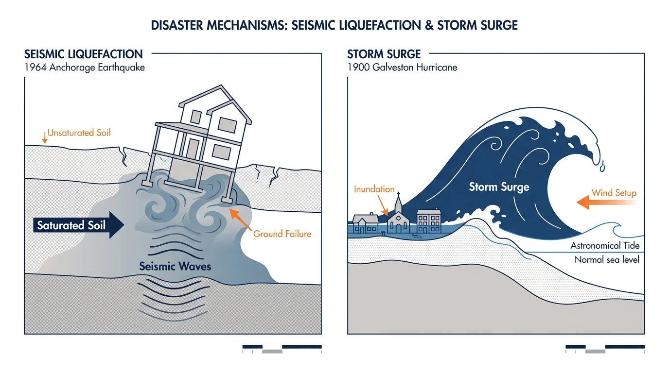 A technical diagram showing the mechanics of soil liquefaction in Anchorage and storm surge in Galveston.