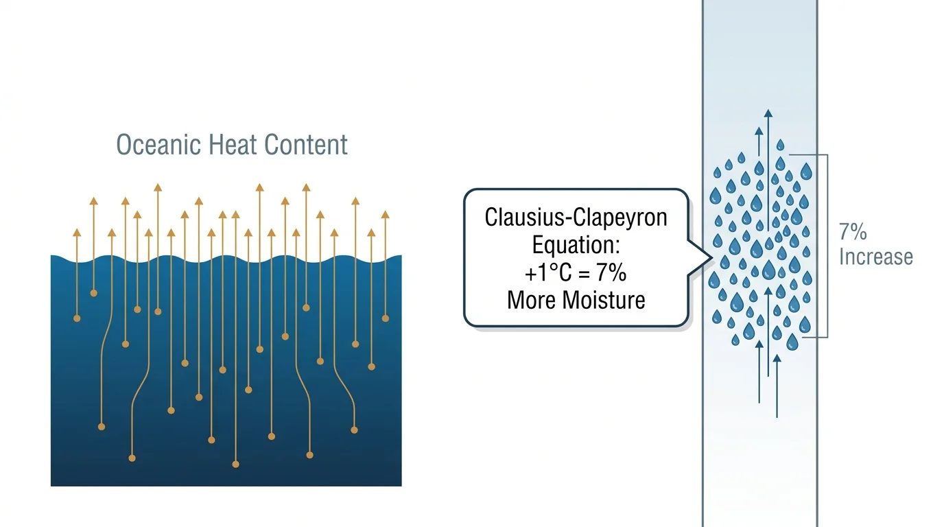 A technical diagram showing the ocean warming and the Clausius-Clapeyron equation linking 1 degree of warming to 7 percent more moisture.