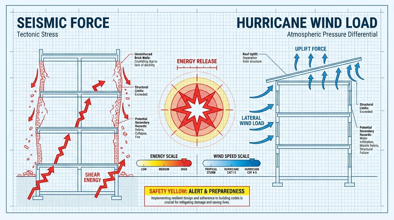 A technical diagram showing the physics of how earthquakes and hurricane winds cause buildings to fail.