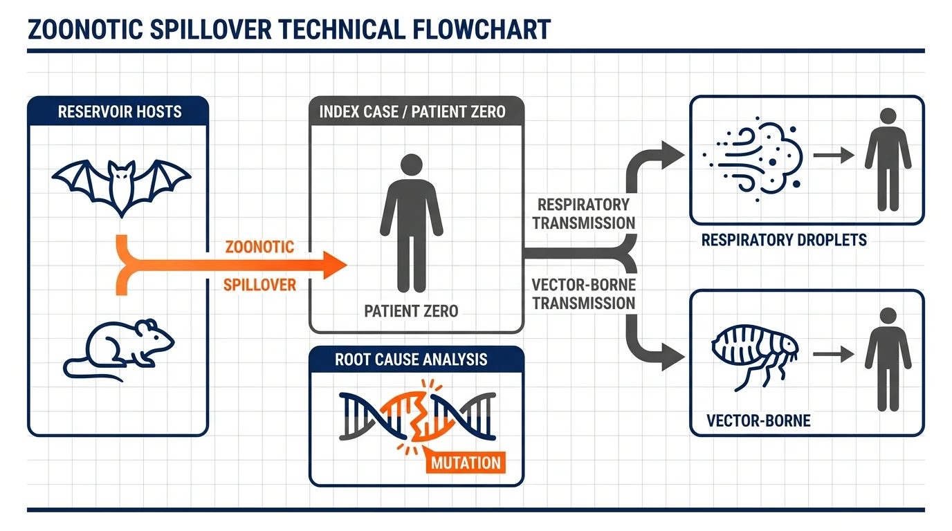 A technical flowchart showing how pathogens move from animals to humans through zoonotic spillover and transmission vectors.