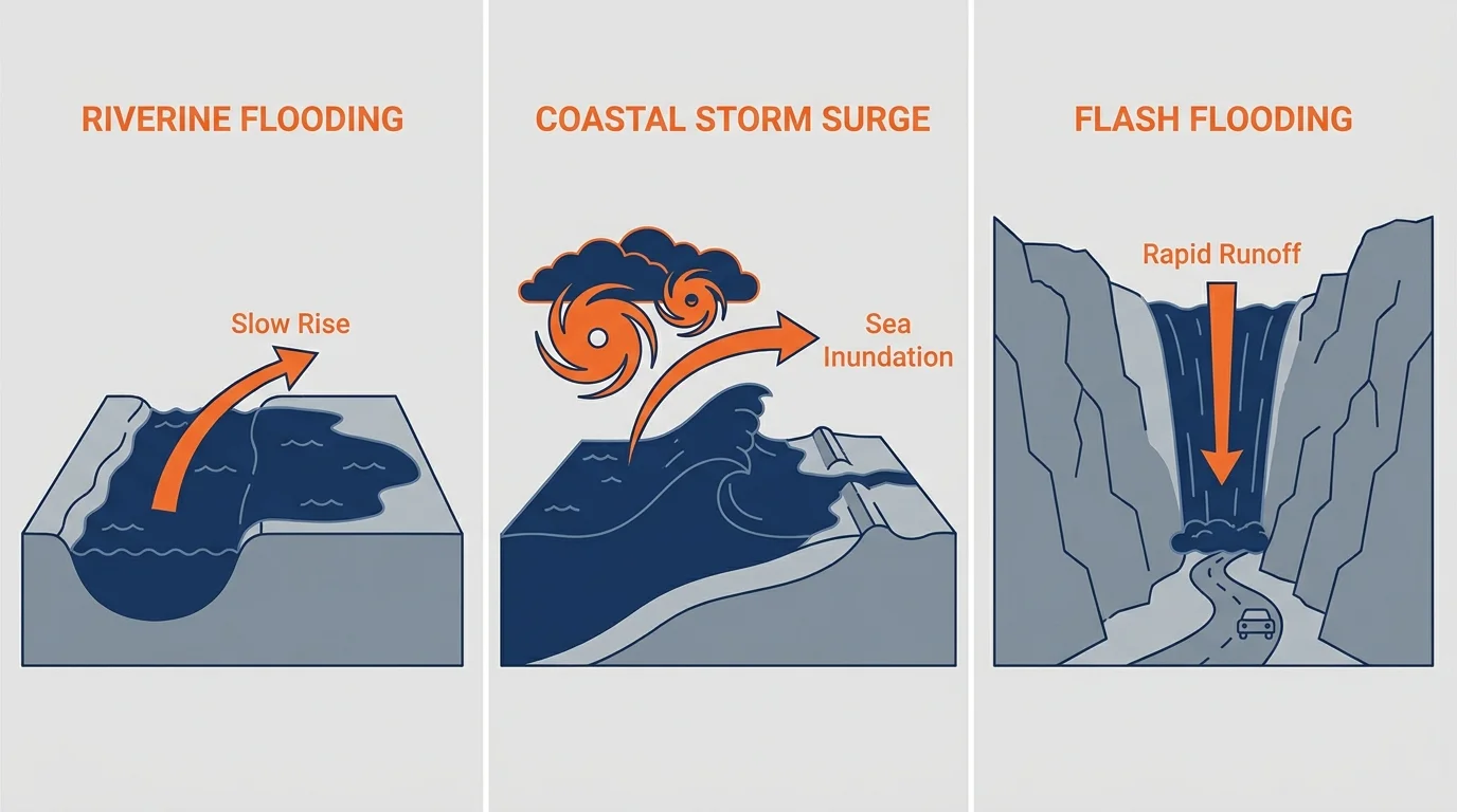 A three-panel diagram showing the mechanics of Riverine Flooding, Coastal Storm Surge, and Flash Flooding with clear labels.