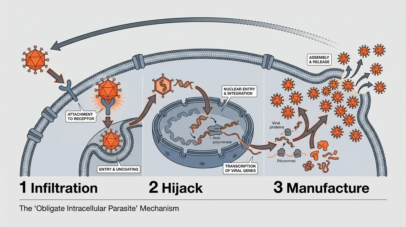 A three-step scientific diagram showing how a virus enters a cell, hijacks its machinery, and produces new viral particles.
