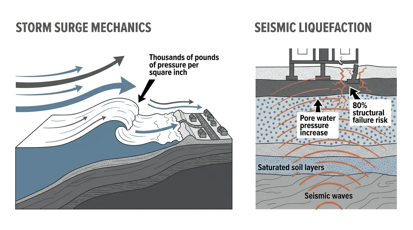 A two-panel diagram explaining the mechanics of storm surges and seismic liquefaction with technical labels and arrows.