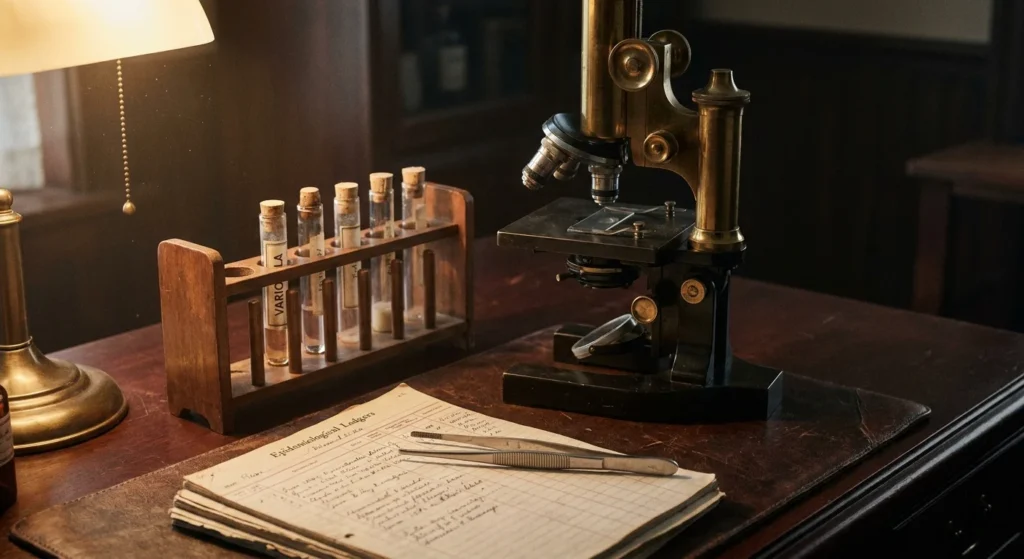 A vintage microscope, medical vials, and old handwritten ledgers on a dark wooden desk in a dimly lit, scholarly setting.