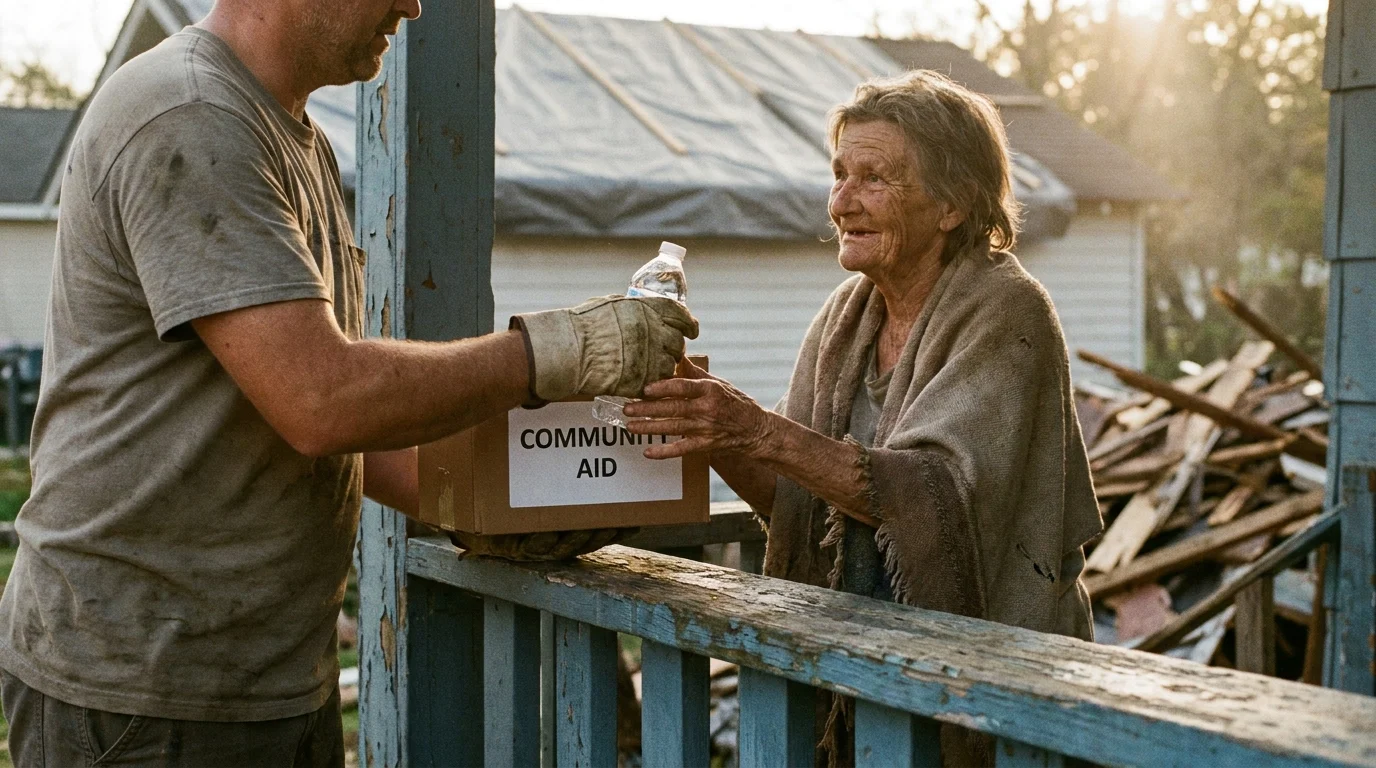 A volunteer handing supplies to a resident on a porch after a storm, shot in a warm, film-like style.