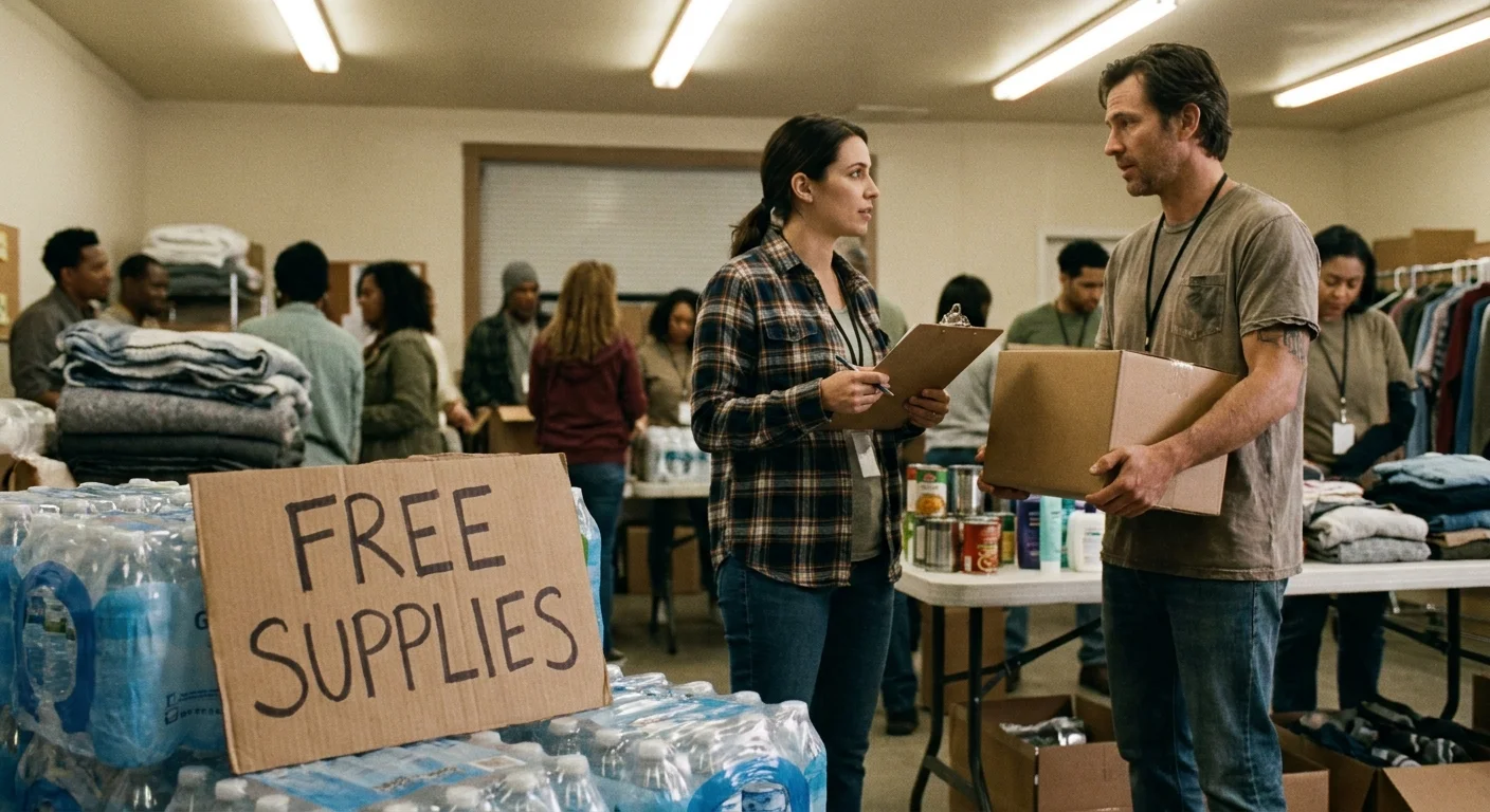 A warm film photo of volunteers at a community relief center with supplies and a 'FREE SUPPLIES' sign.