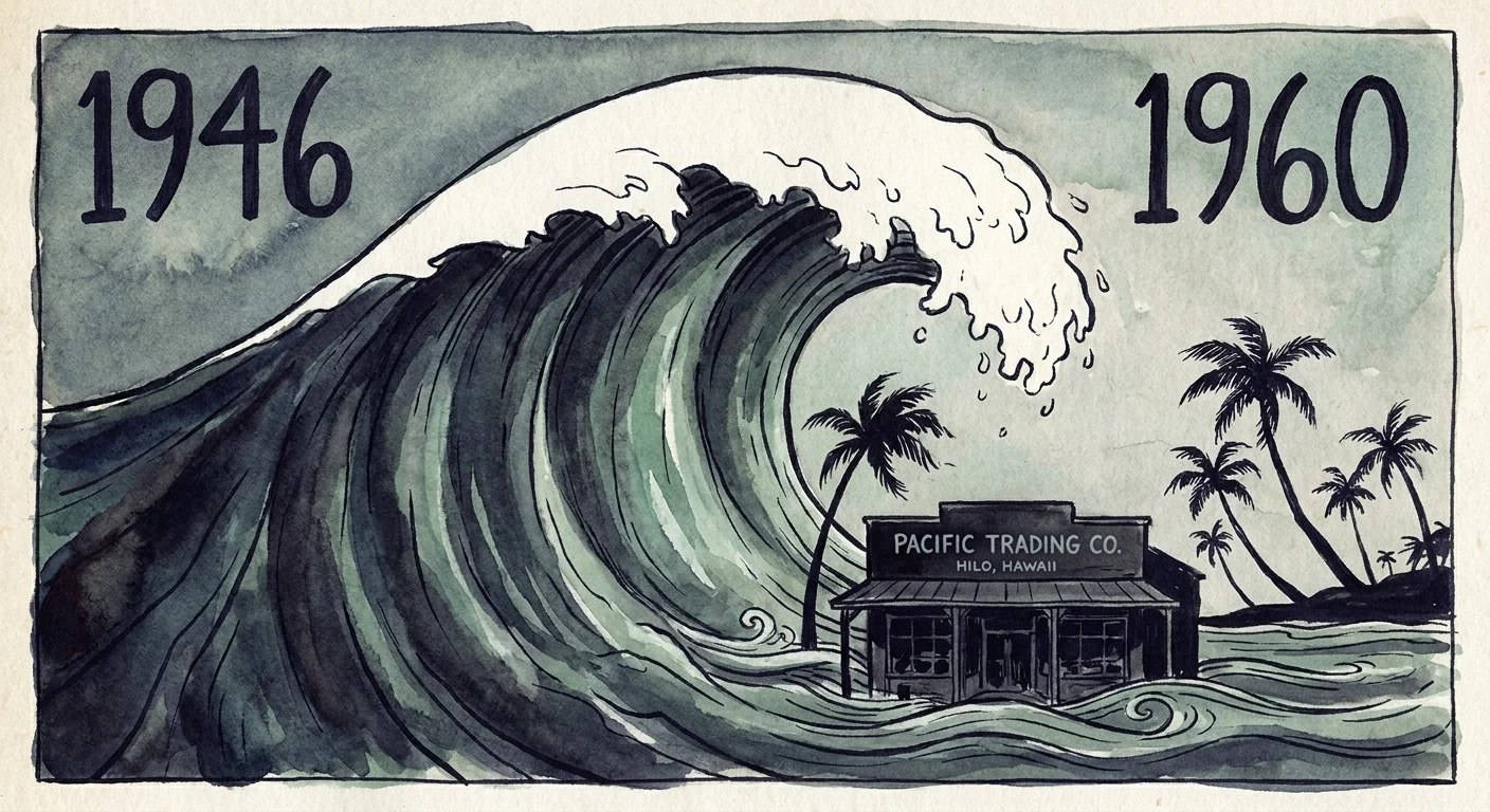 A watercolor illustration of a massive tsunami wave approaching the Hilo, Hawaii waterfront with the years 1946 and 1960 labeled.