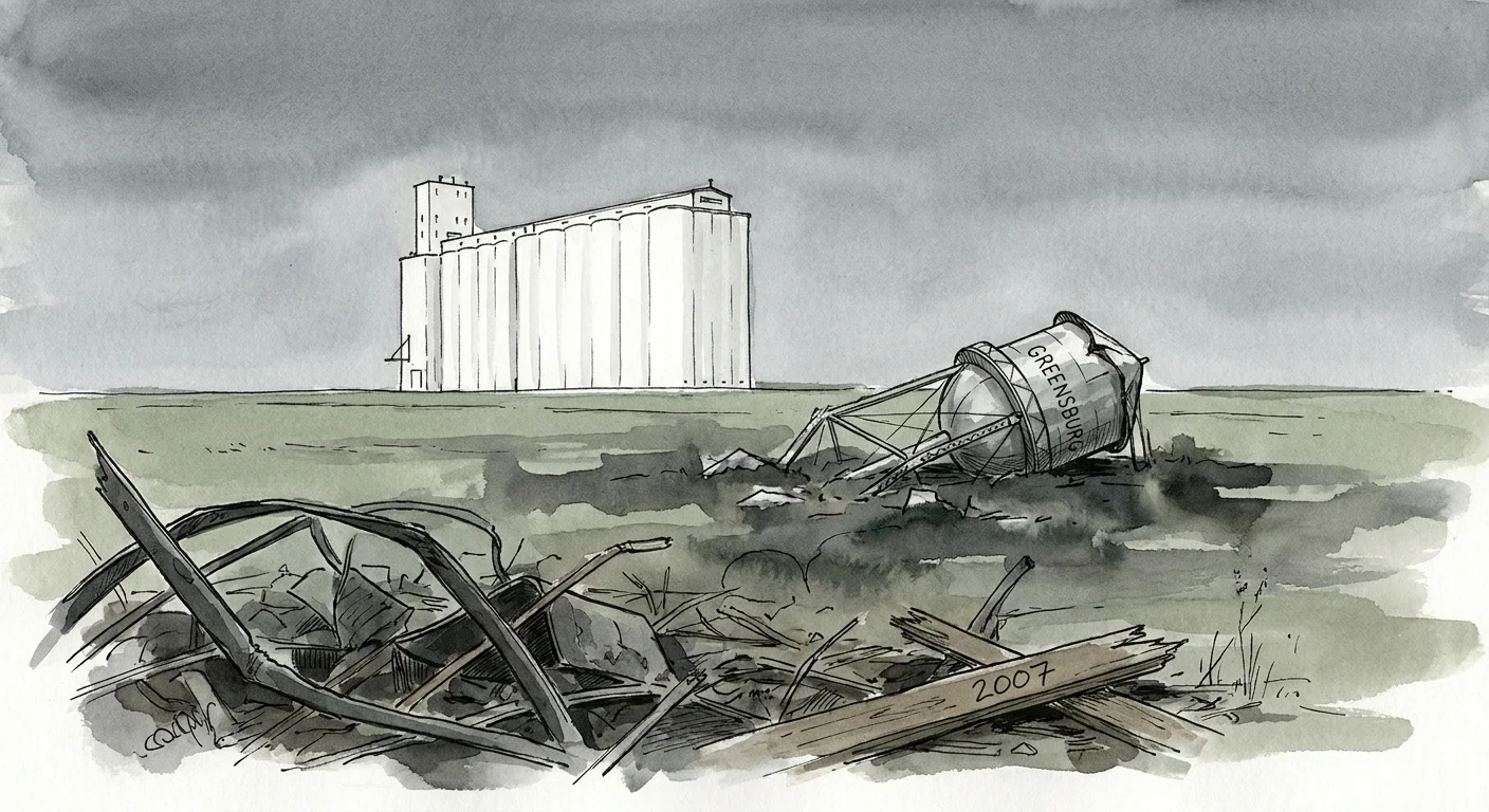A watercolor illustration of the lone grain elevator standing over the ruins of Greensburg, Kansas.
