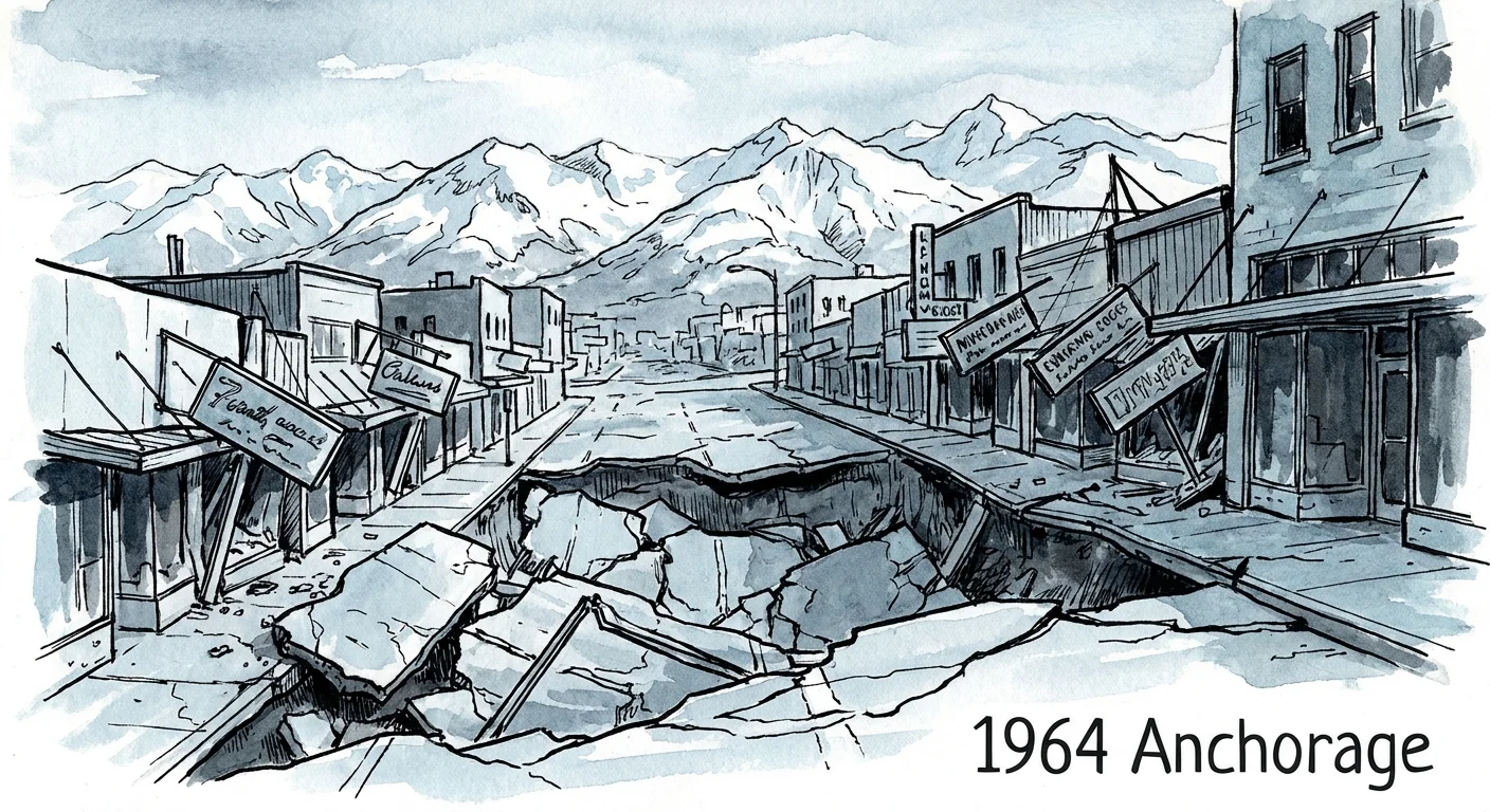 A watercolor illustration showing an Anchorage street that collapsed into a deep trench during the 1964 earthquake.