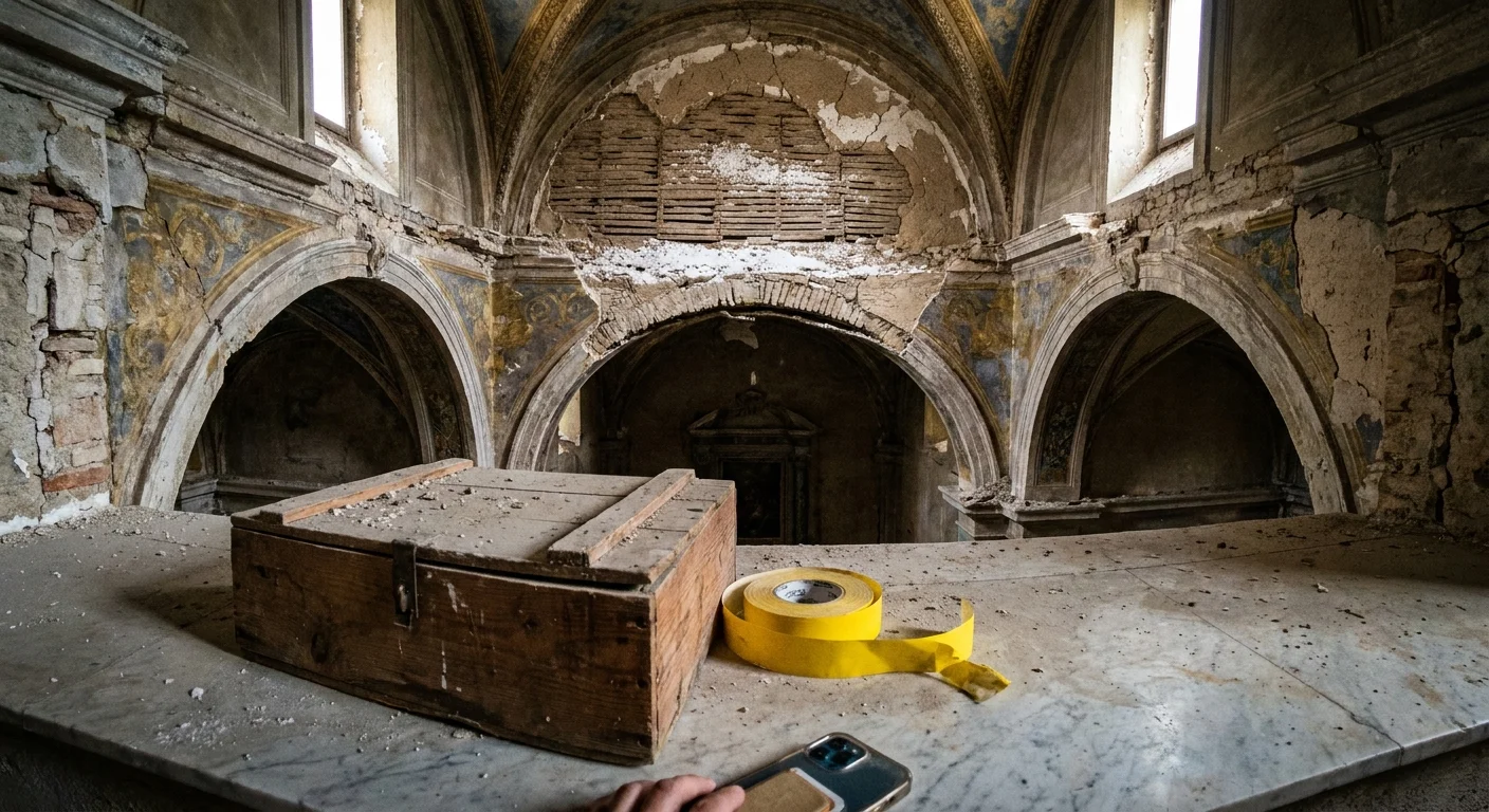 A wide-angle smartphone photo showing structural cracks and missing fresco sections in an Italian basilica.