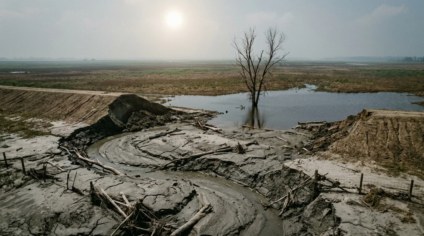 A wide view of a breached earthen levee and a silt-covered floodplain after a major flood event.