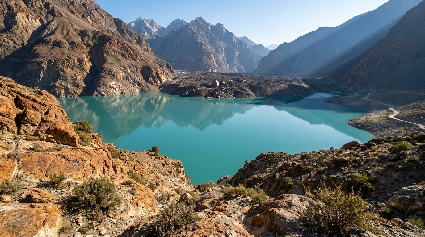 A wide view of the vibrant blue Attabad Lake in Pakistan, surrounded by steep, rocky mountains.