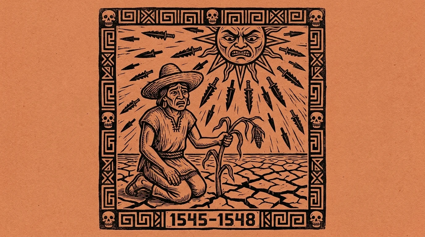 A woodcut illustration in Aztec style showing a farmer in a drought-stricken field during the Cocoliztli epidemic.