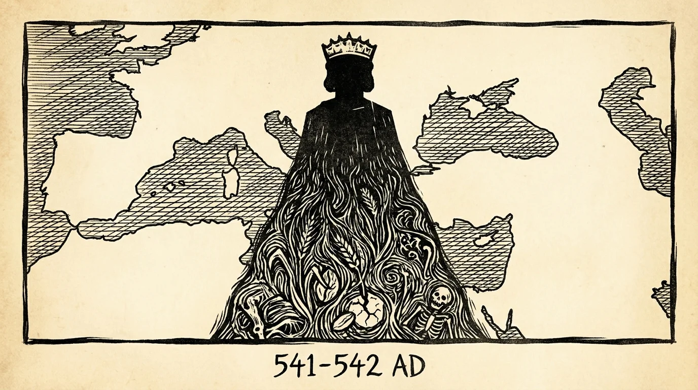 A woodcut-style illustration of Emperor Justinian's shadow falling across a map of the Byzantine Empire.