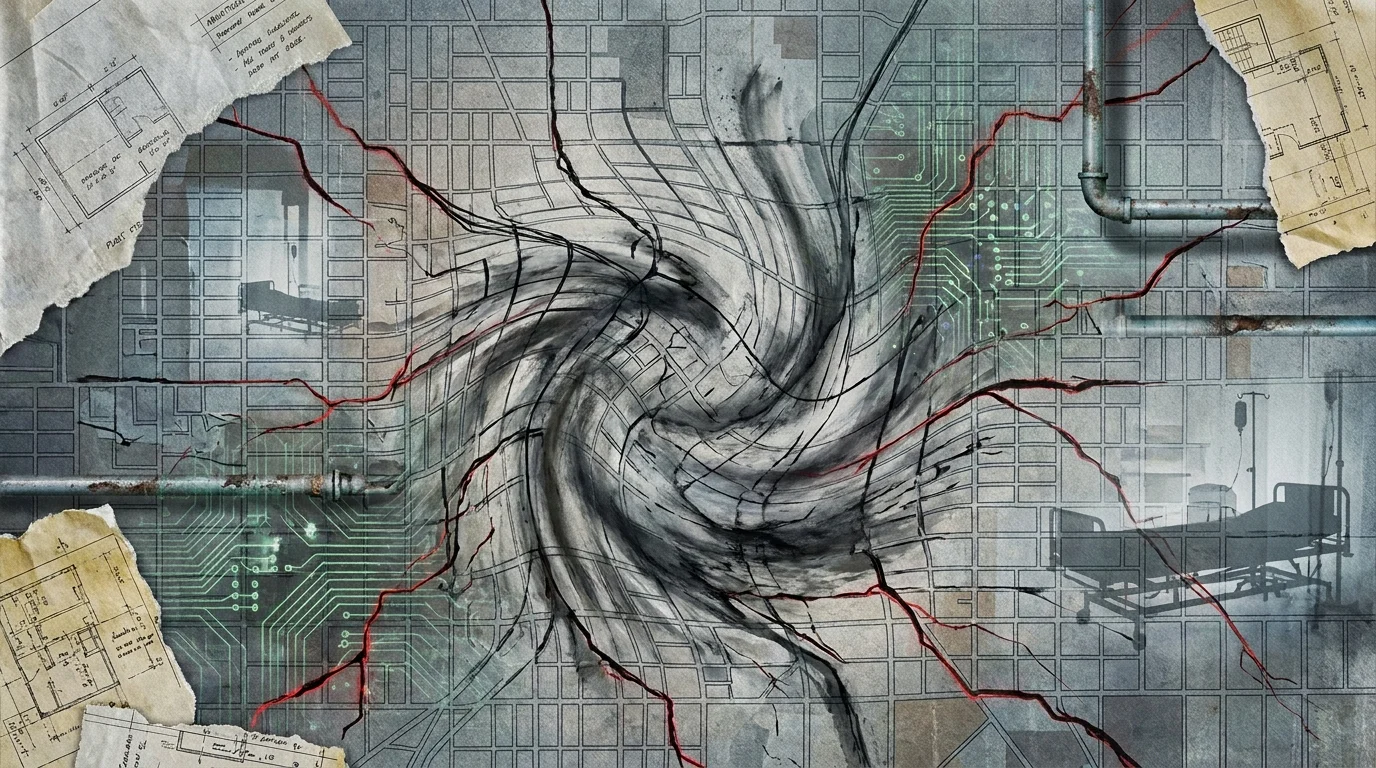 An abstract collage of urban grids and medical symbols, representing the strain of pandemics on societal infrastructure.