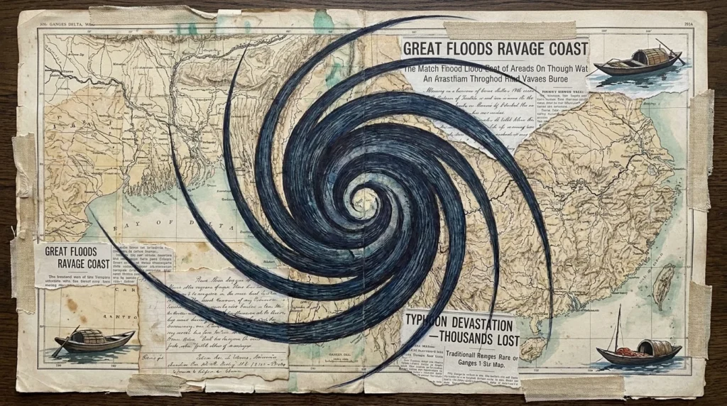 An archival collage of old maps, weather charts, and ink sketches depicting historical cyclones and floods.