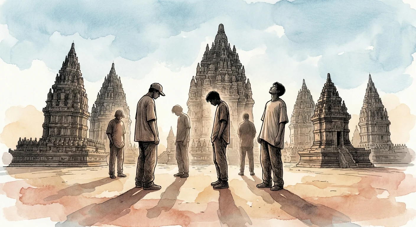 An illustration of people observing the ruins of a temple, reflecting the emotional impact of lost cultural landmarks.