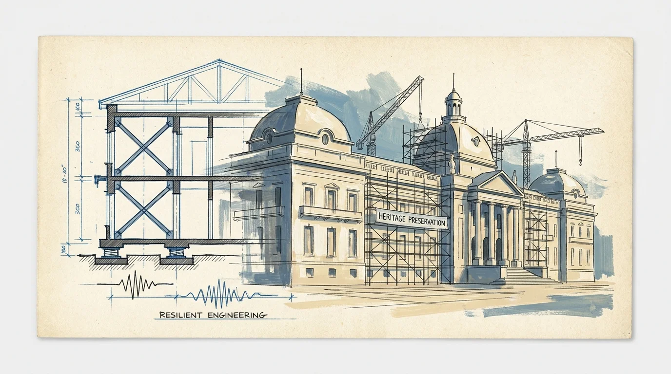 An illustration showing engineering blueprints for seismic retrofitting overlapping a painting of a landmark being rebuilt.
