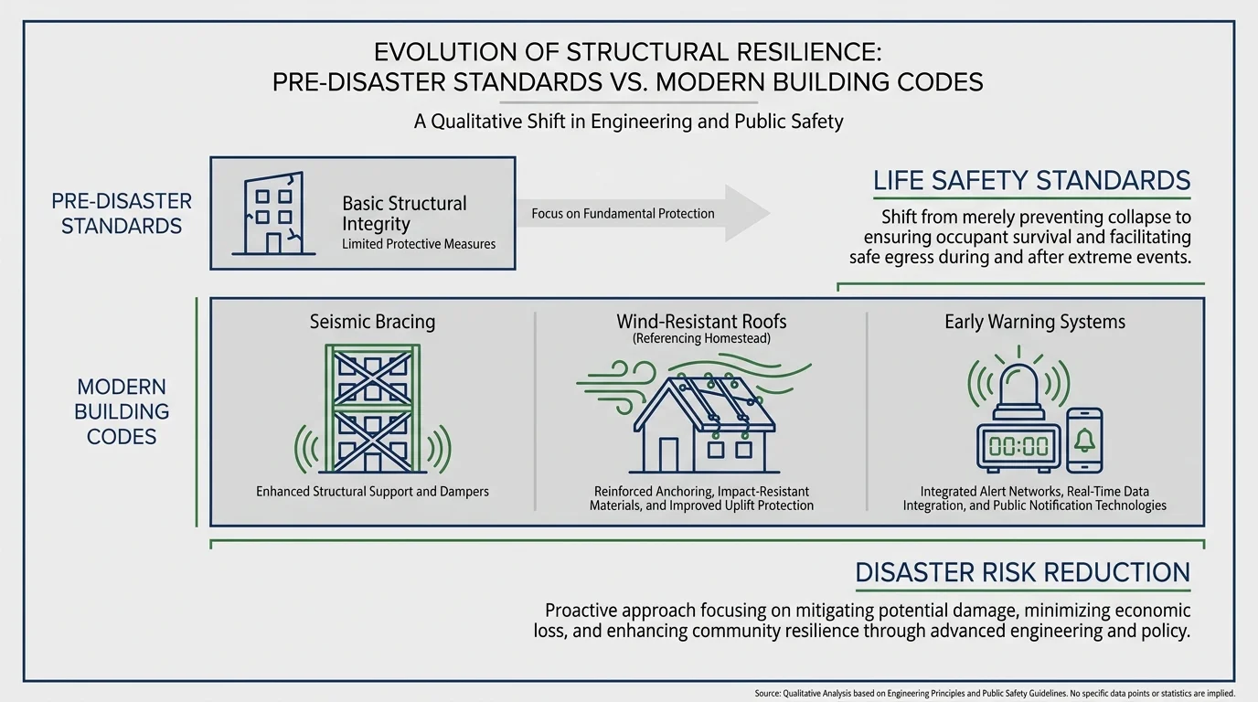 An infographic comparing old building standards to modern safety reforms like seismic bracing and wind resistance.