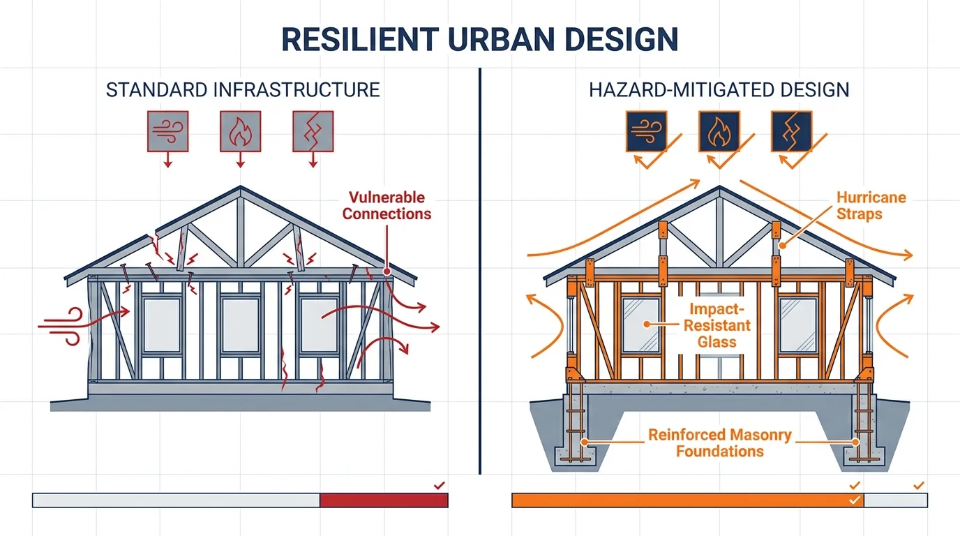 An infographic comparing standard house construction with hazard-resistant features like hurricane straps and reinforced foundations.