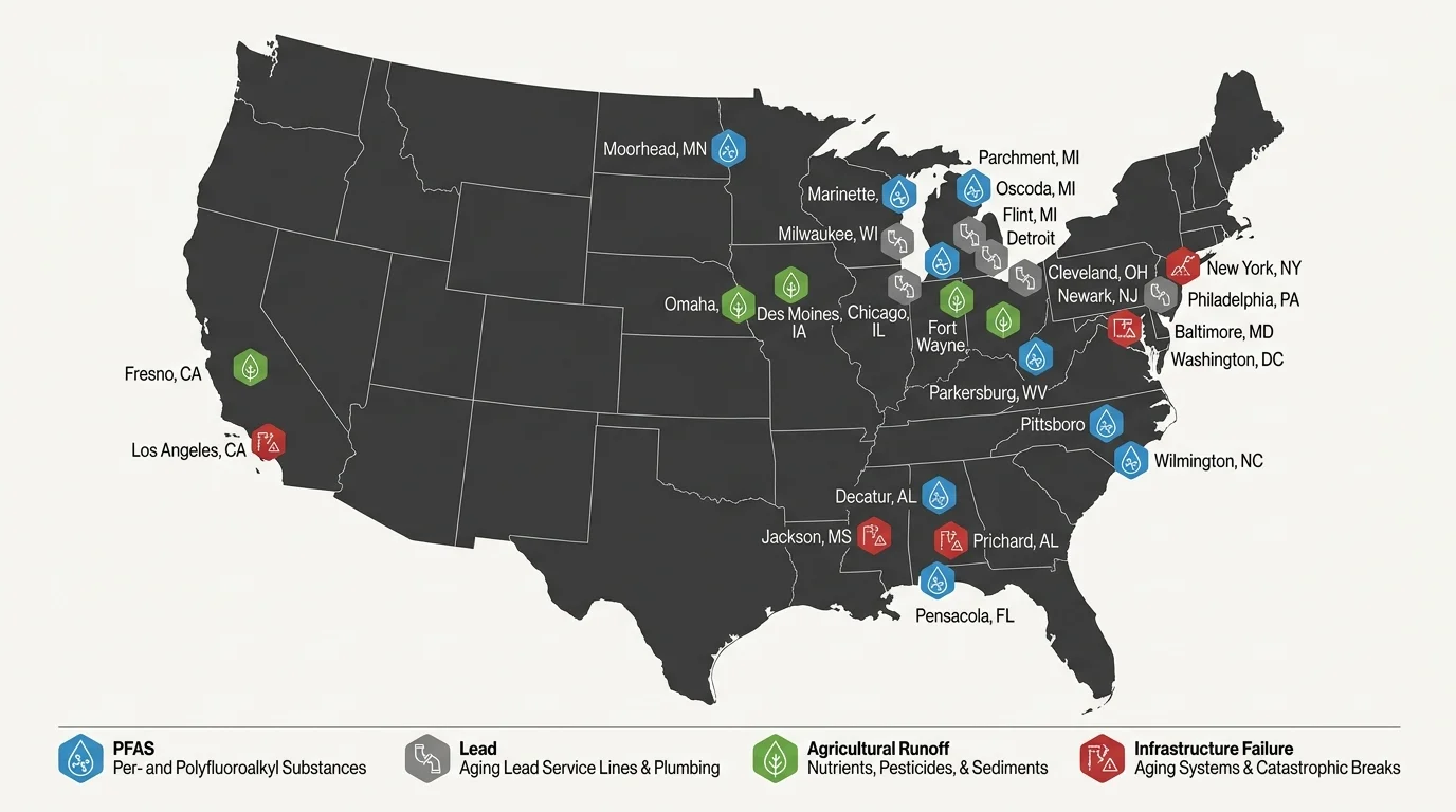 An infographic map of the United States marking 25 contaminated water systems with color-coded icons for PFAS, lead, and runoff.