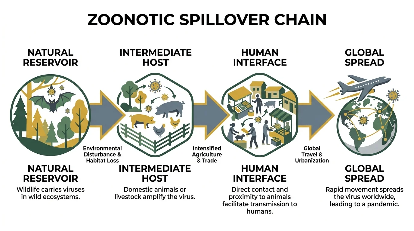 An infographic showing the path of a virus from an animal reservoir through livestock to human cities and global travel.
