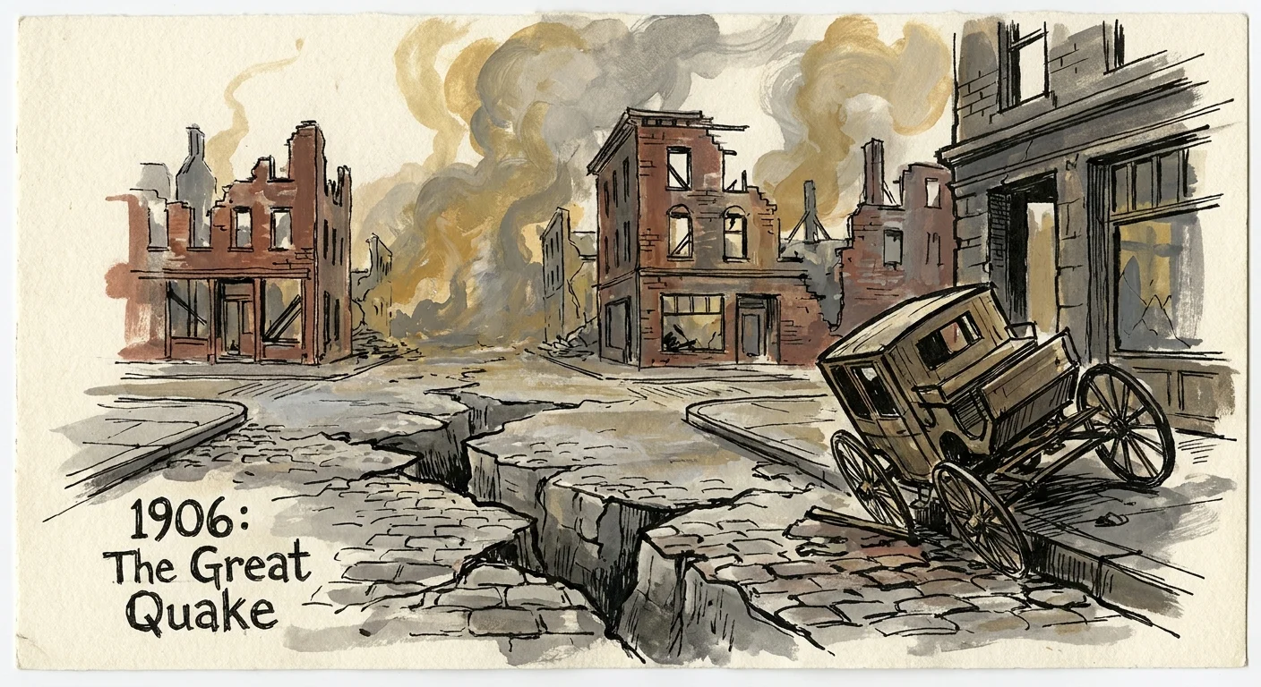 An ink and gouache sketch of a buckled San Francisco street and burning buildings during the 1906 earthquake.
