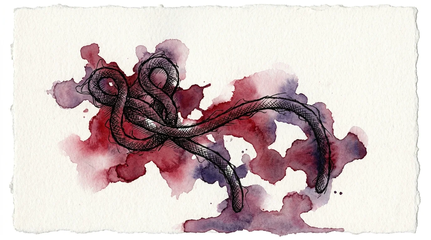 An ink and red watercolor illustration of the long, thread-like Marburg virus filament on textured paper.