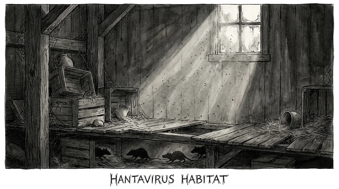 An ink sketch of a dusty barn corner with light beams and rodent silhouettes, suggesting the risk of Hantavirus.