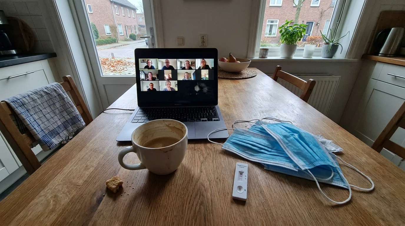 An iPhone photo of a kitchen table with a laptop, a coffee mug, and a COVID-19 rapid test kit.