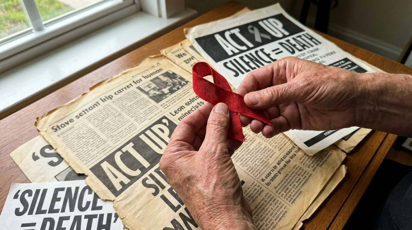 An iPhone-style photo of hands holding a red AIDS awareness ribbon over historical protest posters.