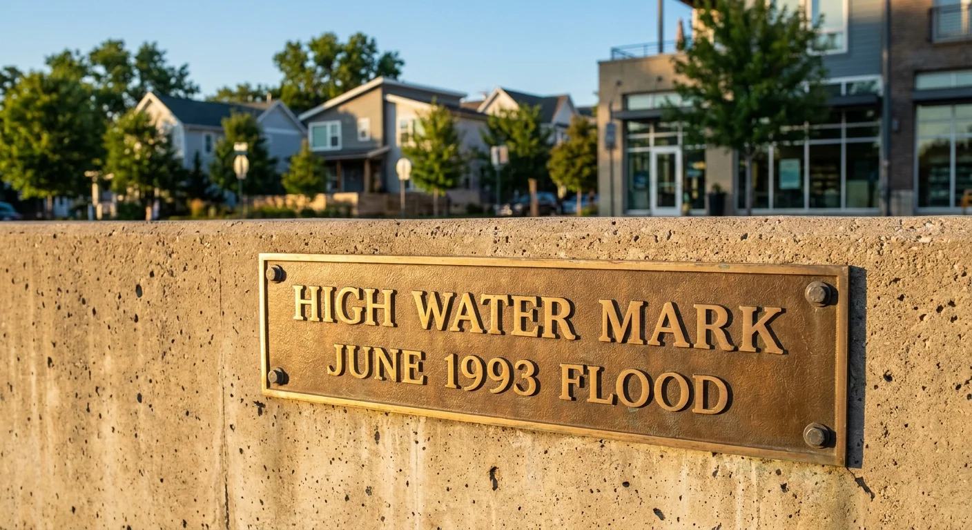 Close-up of a bronze high-water mark plaque on a concrete wall with a sunny, rebuilt neighborhood in the background.