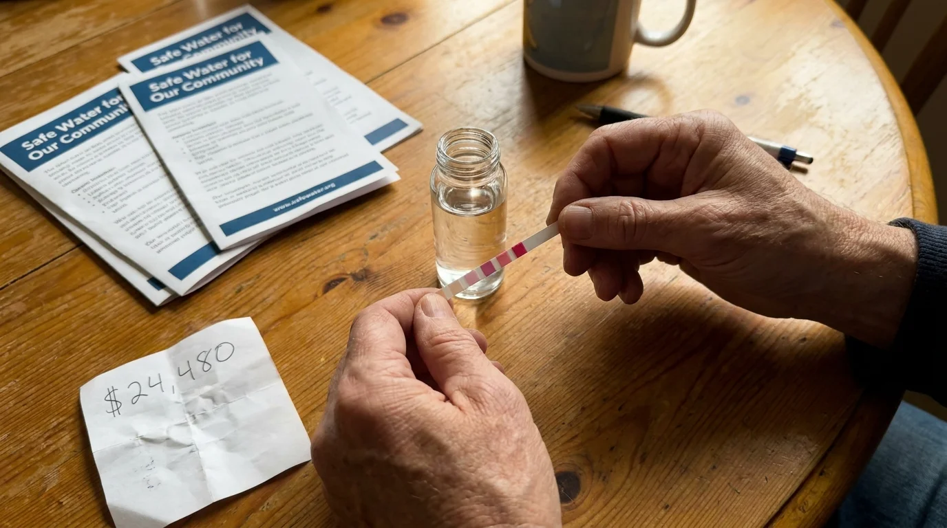 Close-up of hands holding a water quality test strip over a kitchen table covered in community action flyers.