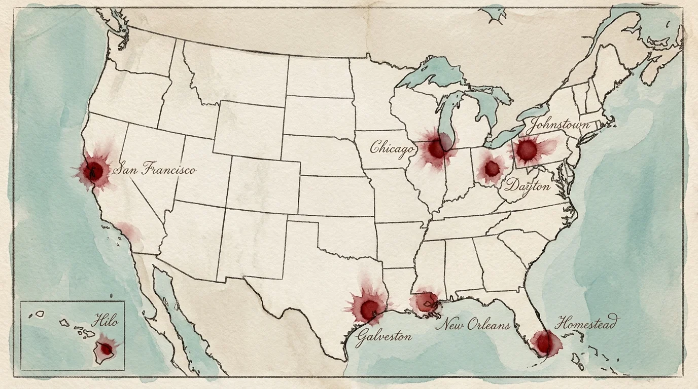 Hand-drawn map of the US with eight red watercolor marks identifying the cities discussed in the article.