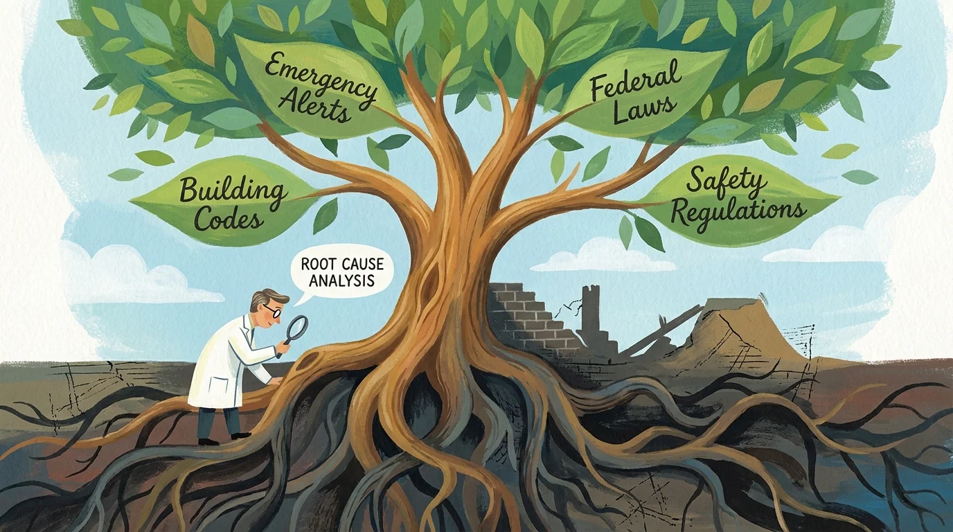 Illustration of a tree where the roots are historical ruins and the leaves are labeled with modern safety laws.