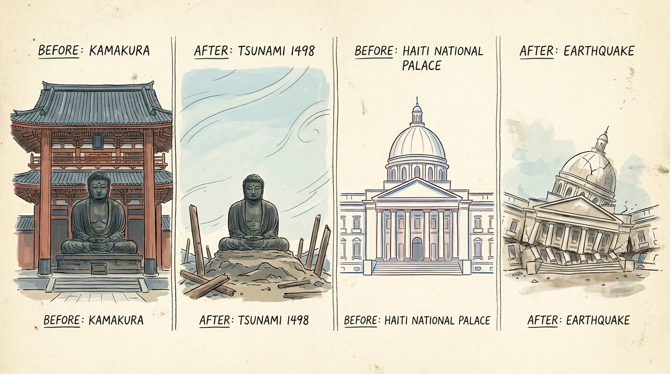 Ink and gouache illustrations comparing the Great Buddha of Kamakura and the Haiti National Palace before and after their destruction.