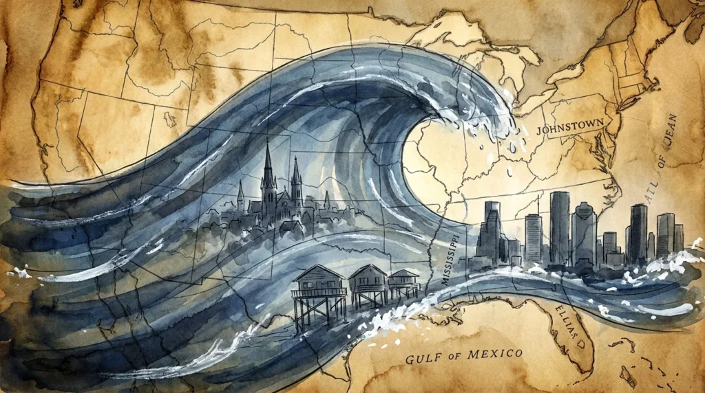 Ink and watercolor illustration of a blue flood wave sweeping across a sepia-toned map of the United States, carrying silhouettes of towns.