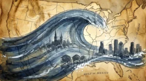 Ink and watercolor illustration of a blue flood wave sweeping across a sepia-toned map of the United States, carrying silhouettes of towns.