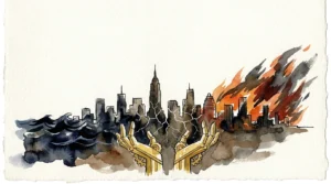 Ink and watercolor illustration of a city skyline surviving flood and fire, supported by symbolic hands from below.