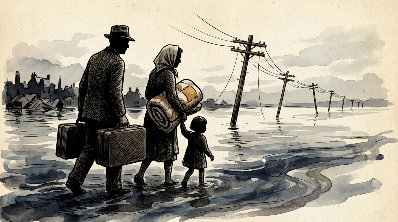 Ink illustration of a family carrying suitcases walking away from a flooded town, symbolizing the Great Migration.