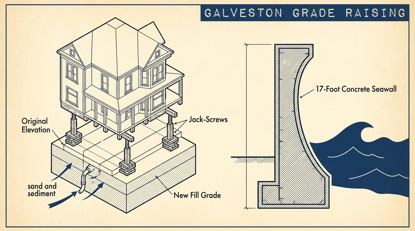 Technical diagram showing houses being jacked up to raise the city's elevation alongside a new 17-foot seawall.