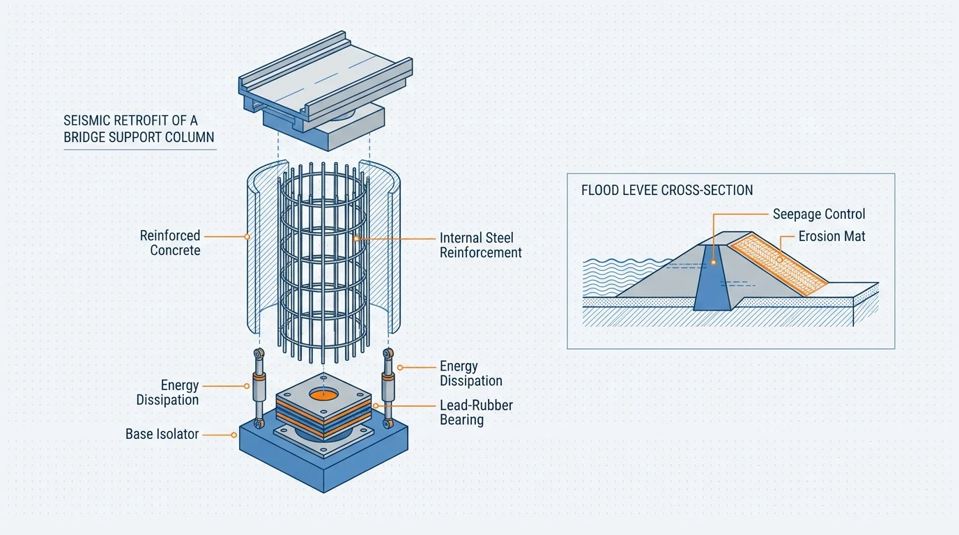 Technical exploded view diagram of a reinforced bridge column and a levee cross-section.