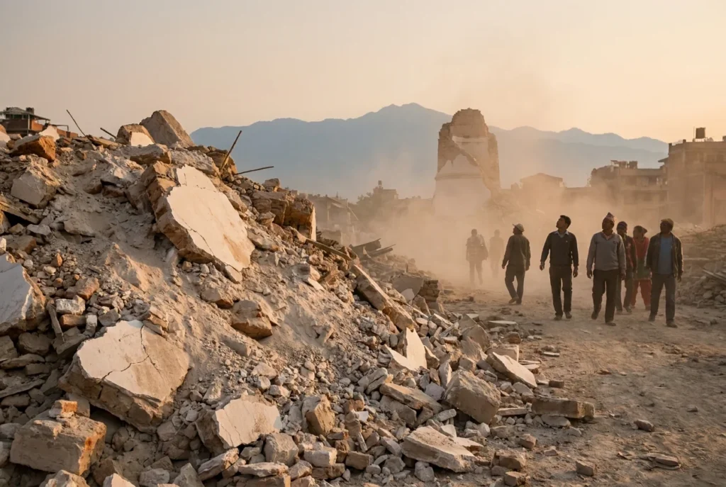 The rubble and broken base of the Dharahara Tower in Kathmandu after the 2015 earthquake, captured in dusty evening light.