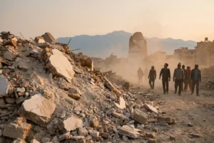 The rubble and broken base of the Dharahara Tower in Kathmandu after the 2015 earthquake, captured in dusty evening light.